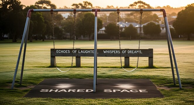 Empty swings on playground in a park at sunset