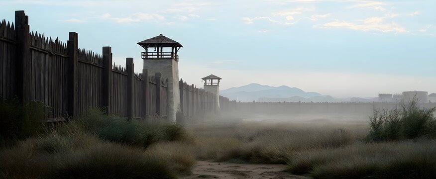 The exterior of secured fencing and watchtowers evokes unease and constant vigilance.