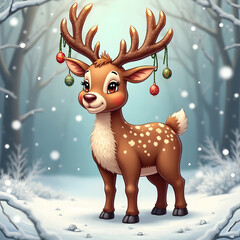Festive cartoon reindeer stands in the snow with ornaments hanging from its antlers.