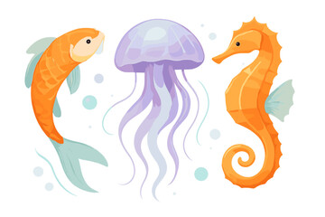 Vibrant collection of marine animals: orange fish, purple jellyfish, and seahorse