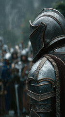 Obraz premium A knight is seen from the back wearing full armor, looking towards the front, with a blurred army behind him in a forest setting, as it is raining.