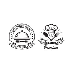 Black and white restaurant logos with cutlery chef hat and serving dome food logo culinary logo