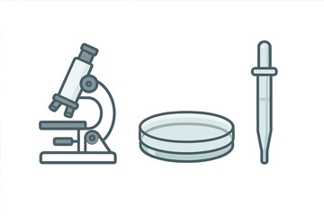 Essential scientific research tools including a laboratory microscope, petri dish and dropper pipette