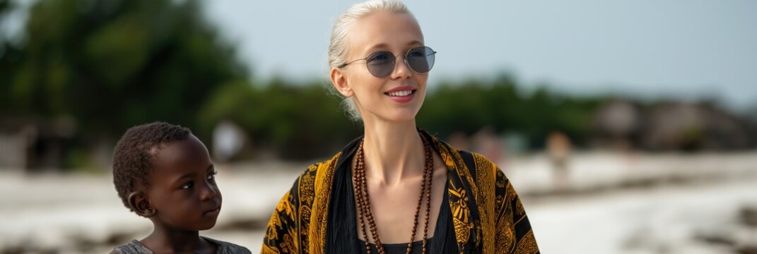 Smiling caucasian female and african child enjoying beach day with tropical background