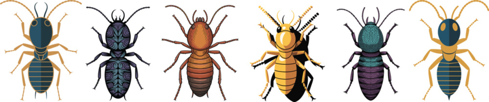 Detailed Termite Vector Set: Soldier and Worker Illustrations in Various Stylized and Realistic Color Tones