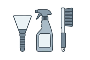 Essential household cleaning supplies set with spray bottle, scraper, and scrubbing brush