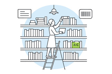 Librarian standing on a ladder organizing books on a tall shelf in a public library