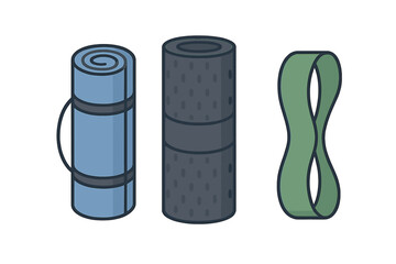 Essential fitness and camping equipment collection including rolled mats and resistance loop band