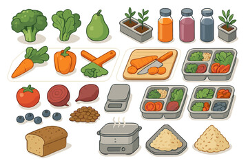 Assortment of nutritious ingredients and cooking tools for balanced diet and food planning