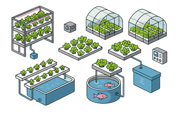 Sustainable agriculture technology set showing hydroponic tanks, vertical farm racks, and greenhouse structures
