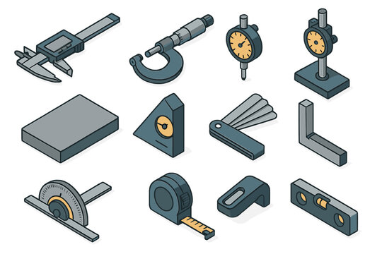 Precision measuring tools set including caliper micrometer protractor and level gauge isometric view