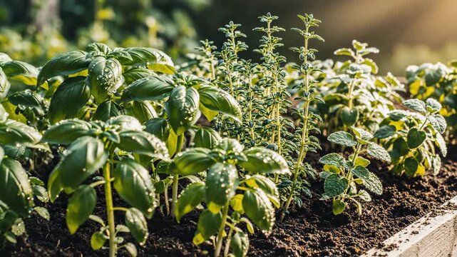 Close-up of fresh basil and thyme herbs growing in garden soil under natural sunlight.