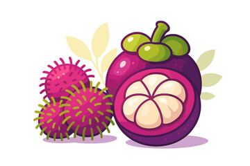 Fresh exotic mangosteen cut open next to whole rambutan fruits and subtle leaves