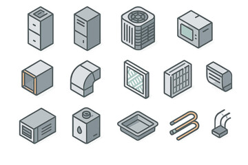 Isometric icons set of HVAC components including air conditioning units, furnace, ductwork, and filters