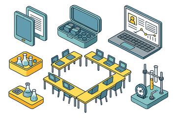 Isometric set of modern education and science technology equipment and classroom setup