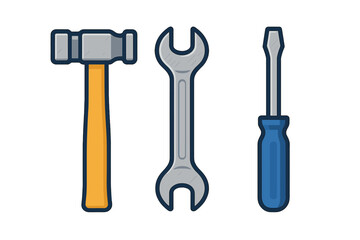 Set of essential construction and repair hand tools: hammer, wrench, and screwdriver