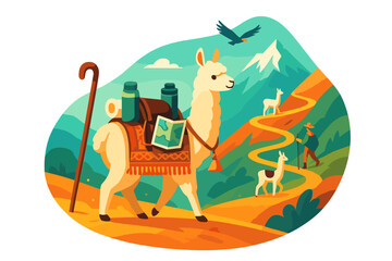 Obraz premium Pack llama loaded with hiking equipment traversing a winding trail in a mountain landscape