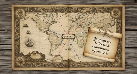 Vintage world map with highlighted travel destinations on wooden table