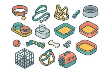 Isometric collection of pet accessories and supplies including collars leashes bowls toys and carriers