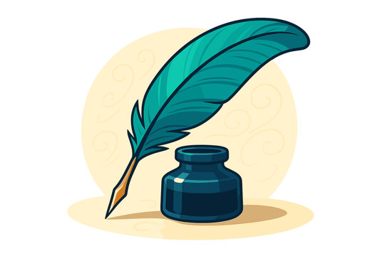 Classic vintage writing set featuring a vibrant teal feather quill and a dark ink pot