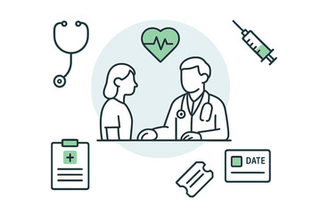 Doctor and patient discussing health issues with medical equipment and appointment icons