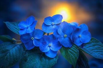 Beautiful Clusters of Blue Hydrangeas in Bloom with Evening Glow Background