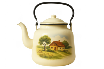 Vintage enamel kettle with charming cottage landscape painting