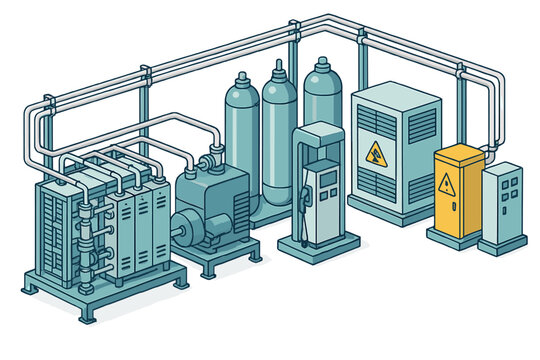 Isometric view of a hydrogen fueling station infrastructure with storage tanks, compressor, and dispenser unit