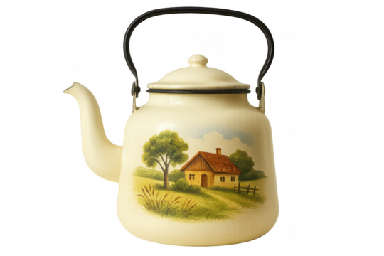 Vintage enamel kettle with charming cottage landscape painting