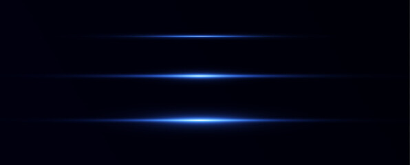 Horizontal Rays of blue light on transparent background.Laser beams 