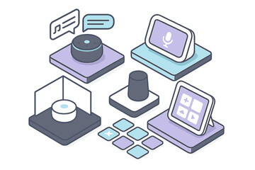Collection of smart home devices including voice controlled speakers and interactive displays in isometric view
