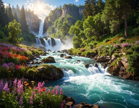 A vibrant cascade of water plunges into a rushing river. Lush greenery and wildflowers frame the scene with a sunny sky - Powered by Adobe