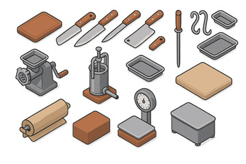 Essential tools assortment for meat processing and butchery, including knives, grinder, and scales