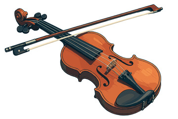 Fototapeta premium Traditional wooden violin and bow lying across the strings on a white background