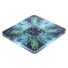 A futuristic microchip with glowing blue and green circuits, representing advanced technology and artificial intelligence, isolated on a transparent background
