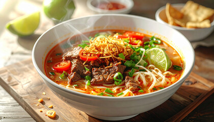 Delicious bowl of spicy beef noodle soup, garnished with fresh herbs, lime, and crispy fried onions, served hot