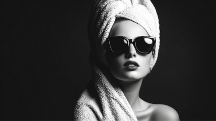 Glamorous Black and White Portrait of a Woman in Towel and Sunglasses