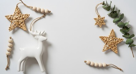 Minimalist Christmas Decoration with Deer, Wicker Stars, and Euc