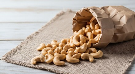 Cashew Nuts Spilling from Paper Bag on Rustic Cloth and Wooden Surface