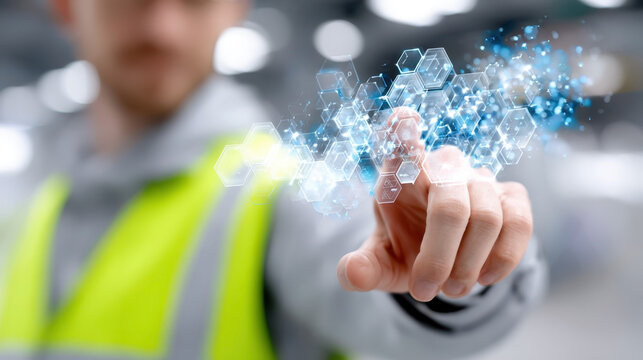 Futuristic industrial safety interface with worker using advanced technology for enhanced security - Powered by Adobe