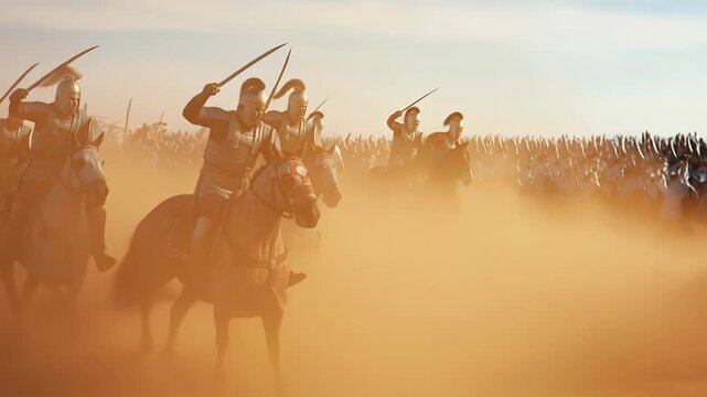 Persian cavalry charges with power as dust rises and sabers flash in historical reenactment