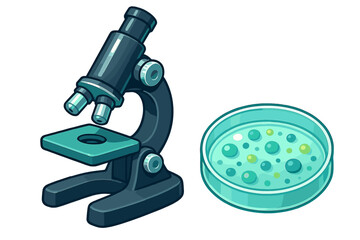 Professional laboratory microscope and petri dish showing growing bacteria culture