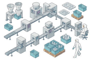 Isometric diagram of automated pharmaceutical manufacturing process with machinery and workers in clean suits