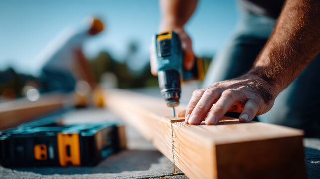 Construction worker adjusting wooden plank under beam joint using specialized tools on building site