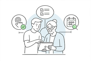 Young man helping senior woman with digital task management on a mobile tablet device