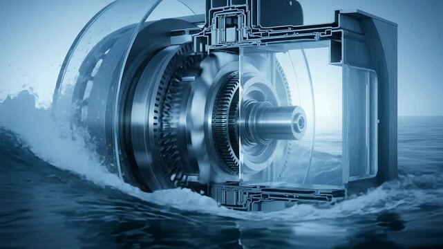 Tidal energy turbine generator casing with rotating gears and swirling water outside in a coastal setting