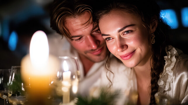 Elegant evening gathering in candlelit hall with couple at banquet table