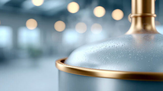 Modern brewery interior featuring shiny equipment with yellow lighting for industrial and brewing themes