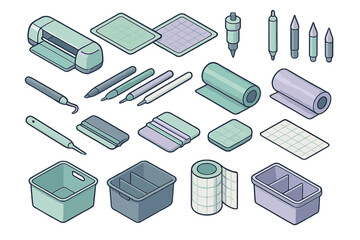 Large isometric collection of electronic cutting machine tools and crafting accessories