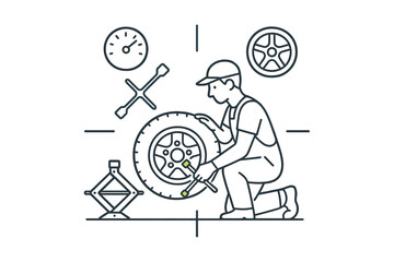 Auto mechanic kneeling down to change a flat tire using a lug wrench surrounded by essential repair tools and equipment